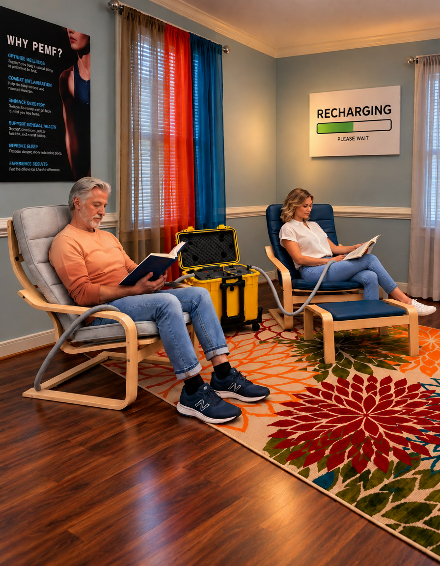 Two clients relaxing in RVA Revitalize PEMF therapy room with yellow PEMF system and WHY PEMF wall graphic